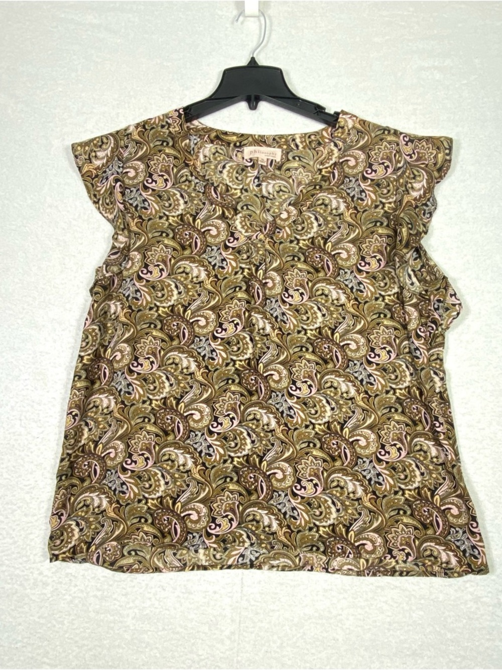 Philosophy Paisley Blouse Women's XL Olive Pink V-Neck Ruffled Cap Sleeve Boho